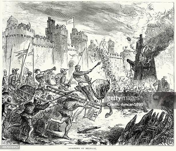 illustrazioni stock, clip art, cartoni animati e icone di tendenza di storming di berwick 1296 - stampe inglesi