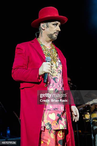 Boy George of Culture Club performs in concert at Eventim Apollo on September 5, 2015 in London, England.