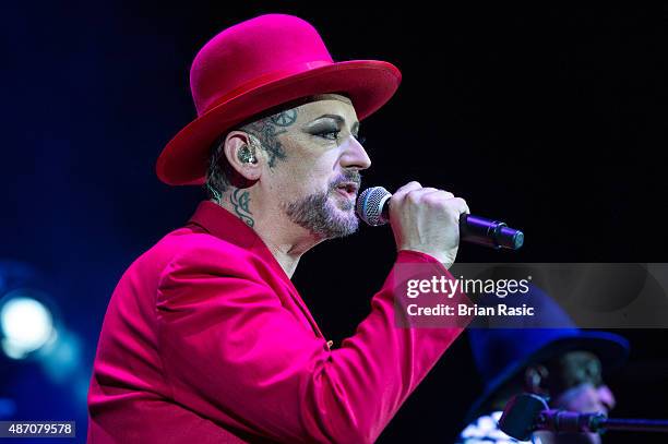 Boy George of Culture Club performs in concert at Eventim Apollo on September 5, 2015 in London, England.