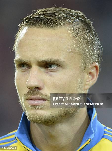 Sweden's defender Pierre Bengtsson listens to the national anthem before an UEFA Euro-2016 qualifying round Group G football match between Russia and...