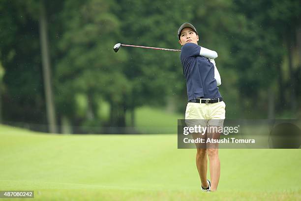 Hikari Fujita of Japan hits her second shot on the 2nd hole during the final round of the Golf 5 Ladies Tournament 2015 at the Mizunami Country Club...