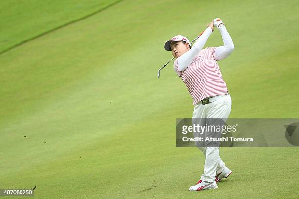 Sun-Ju Ahn of South Korea hits her second shot on the 18th hole during the final round of the Golf 5 Ladies Tournament 2015 at the Mizunami Country...