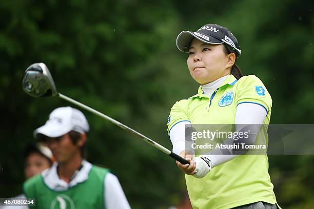 Mihoko Iseri of Japan hits her tee shot on the 6th hole during the final round of the Golf 5 Ladies Tournament 2015 at the Mizunami Country Club on...