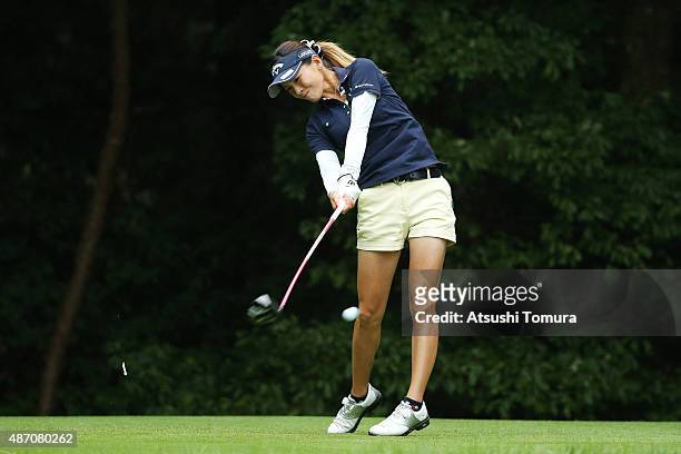 Hikari Fujita of Japan hits her tee shot on the 5th hole during the final round of the Golf 5 Ladies Tournament 2015 at the Mizunami Country Club on...