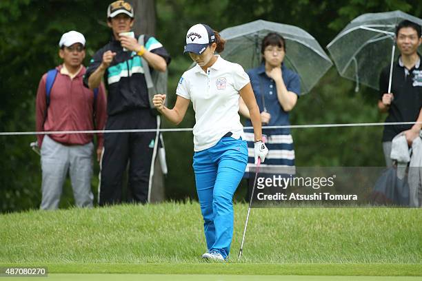 Momoko Ueda of Japan celebrates after aking her birdie shot on the 3rd green during the final round of the Golf 5 Ladies Tournament 2015 at the...