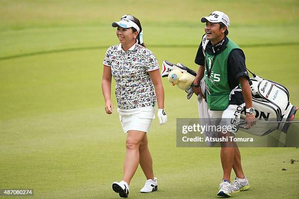 Yumiko Yoshida of Japan smiles during the final round of the Golf 5 Ladies Tournament 2015 at the Mizunami Country Club on September 6, 2015 in...