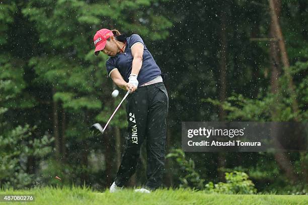 Maiko Wakabayashi of Japan hits her tee shot on the 7th hole during the final round of the Golf 5 Ladies Tournament 2015 at the Mizunami Country Club...