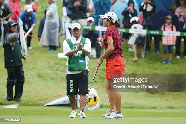 Bo-Mee Lee of South Korea celebrates after winning the Golf 5 Ladies Tournament 2015 at the Mizunami Country Club on September 6, 2015 in Mizunami,...
