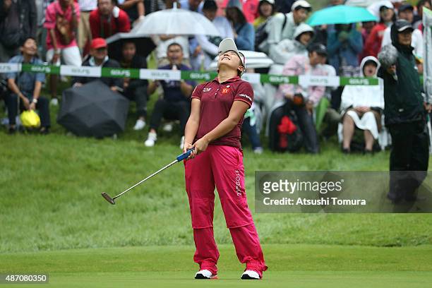 Misuzu Narita of Japan reacts after missinf her putt on the fifth playoff hole during the final round of the Golf 5 Ladies Tournament 2015 at the...