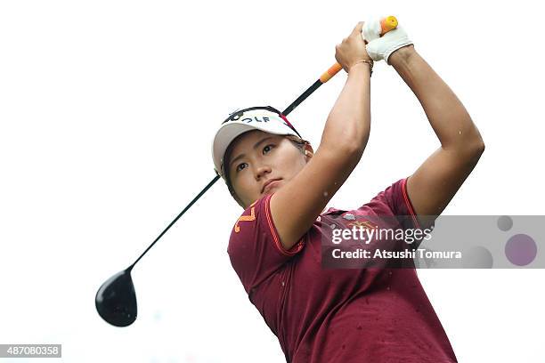 Misuzu Narita of Japan hits her tee shot on the 18th hole during the final round of the Golf 5 Ladies Tournament 2015 at the Mizunami Country Club on...