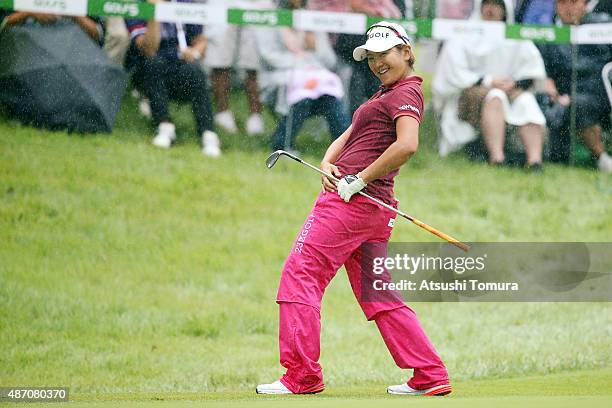 Misuzu Narita of Japan reacts on the second playoff hole during the final round of the Golf 5 Ladies Tournament 2015 at the Mizunami Country Club on...