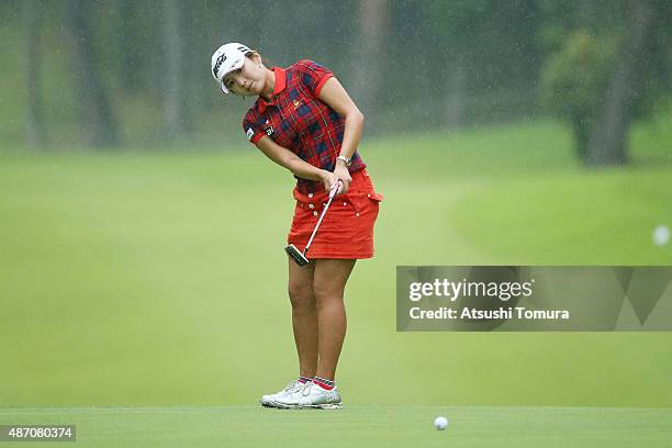 Bo-Mee Lee of South Korea putts on the fourth playoff hole during the final round of the Golf 5 Ladies Tournament 2015 at the Mizunami Country Club...