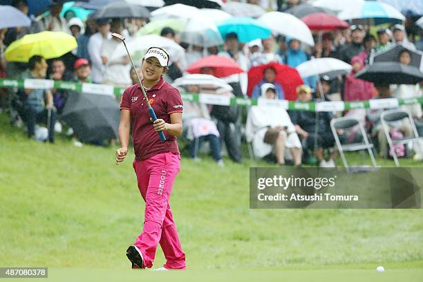 Misuzu Narita of Japan reacts after missinf her putt on the third playoff hole during the final round of the Golf 5 Ladies Tournament 2015 at the...