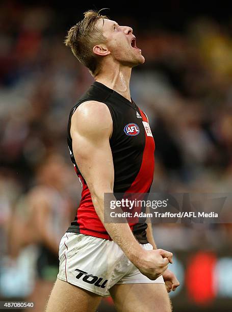 Shaun McKernan of the Bombers celebrates on the siren during the 2015 AFL round 23 match between the Collingwood Magpies and the Essendon Bombers at...