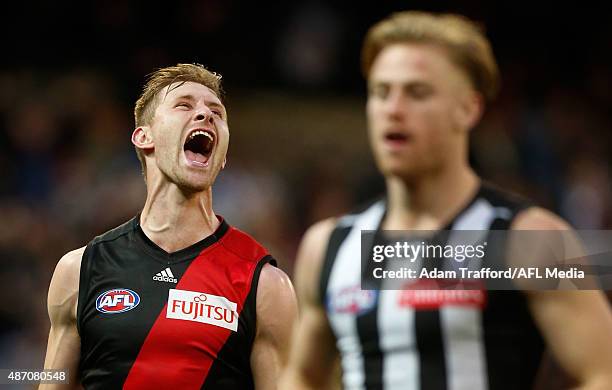 Shaun McKernan of the Bombers celebrates on the siren during the 2015 AFL round 23 match between the Collingwood Magpies and the Essendon Bombers at...