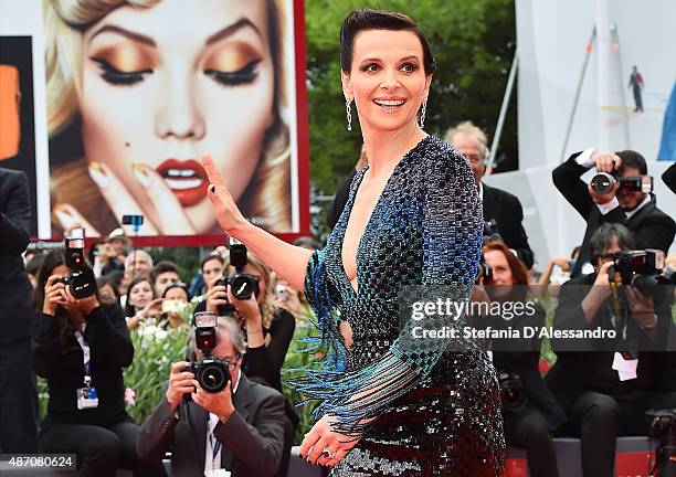 Juliette Binoche attends a premiere for 'The Wait' during the 72nd Venice Film Festival at Palazzo del Casino on September 5, 2015 in Venice, Italy.