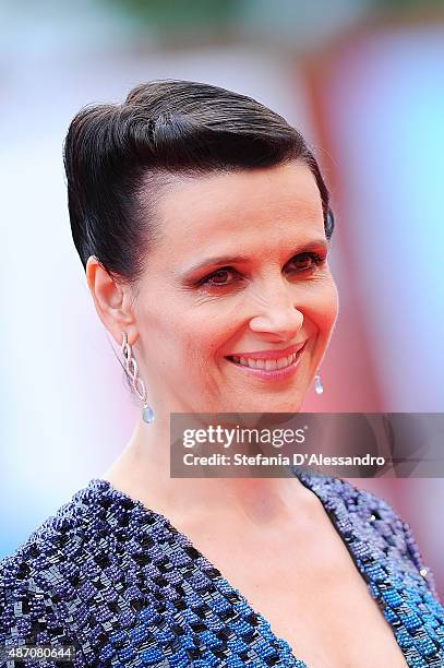 Juliette Binoche attends a premiere for 'The Wait' during the 72nd Venice Film Festival at Palazzo del Casino on September 5, 2015 in Venice, Italy.