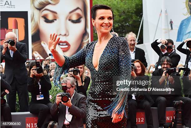 Juliette Binoche attends a premiere for 'The Wait' during the 72nd Venice Film Festival at Palazzo del Casino on September 5, 2015 in Venice, Italy.