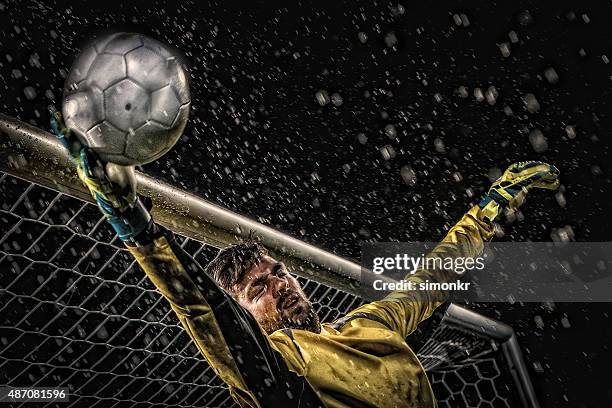 goalkeeper diving to save goal - 龍門 體育設備 個照片及圖片檔