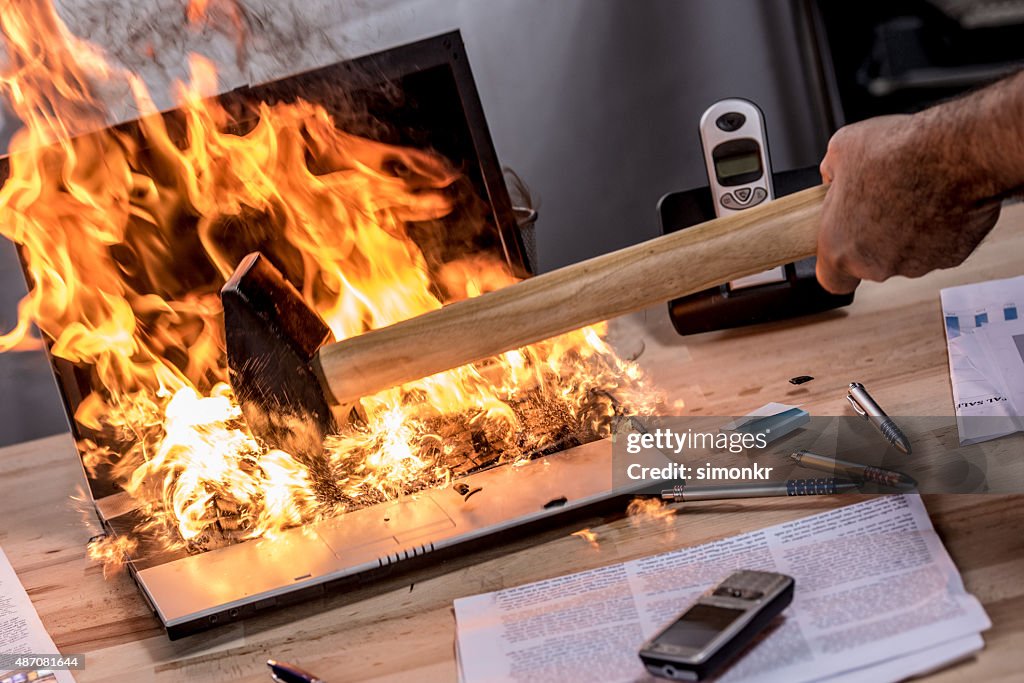 Close up view of burning laptop