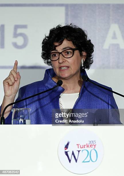 Executive Director of the International Trade Centre Arancha Gonzalez gives a speech during the Women-20 Turkey Official Lanuch in Ankara, Turkey on...