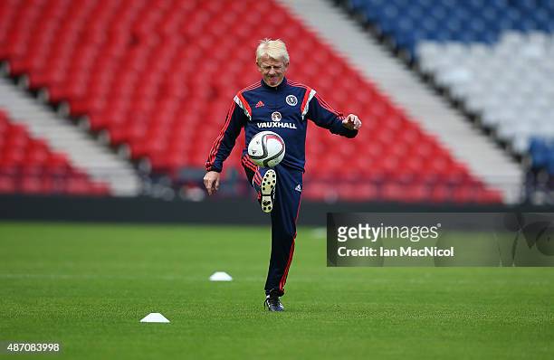 Scotland manager Gordon Strachan controls the ball during a training session, ahead of their UEFA Euro 2016 qualifier against Germany, at Hampden...