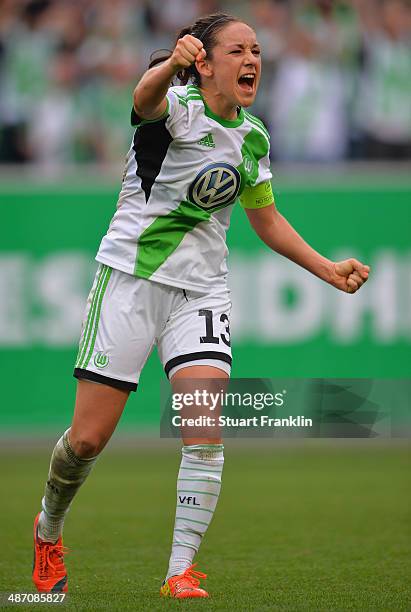 Nadine Kessler, captain of Wolfsburg celebrates her team's win at the end of the UEFA Women's Champions League semi final second leg match between...