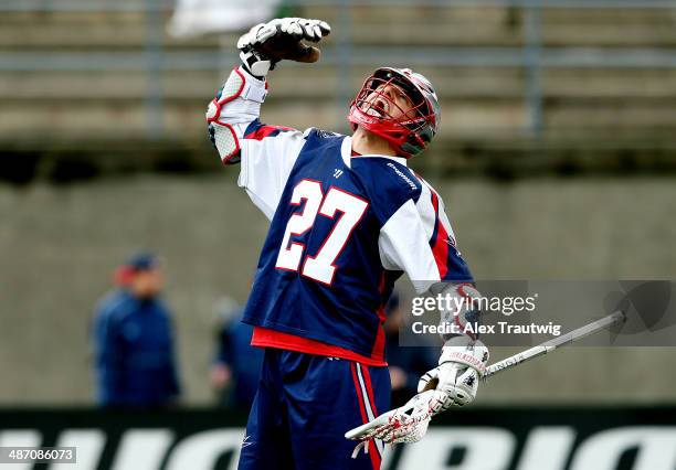 Kevin Buchanan of the Boston Cannons celebrates a second quarter goal against the Chesapeake Bayhawks during a game at Harvard Stadium on April 27,...