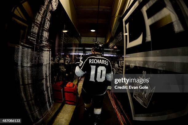 Mike Richards of the Los Angeles Kings walks out to the ice before Game Four of the First Round of the 2014 Stanley Cup Playoffs against the San Jose...