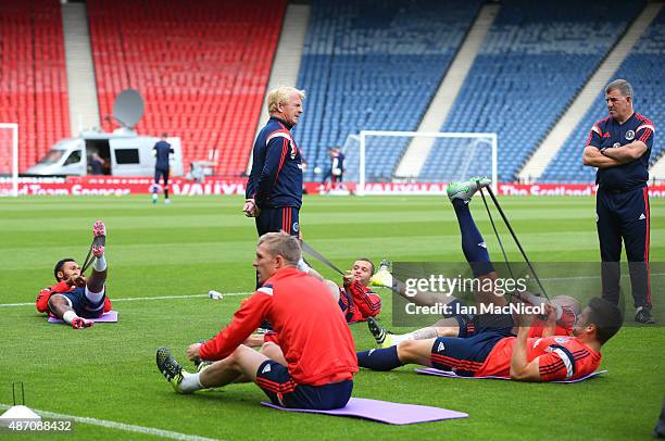 Scotland manager Gordon Strachan looks on during a training session, ahead of their UEFA Euro 2016 qualifier against Germany, at Hampden Park on...