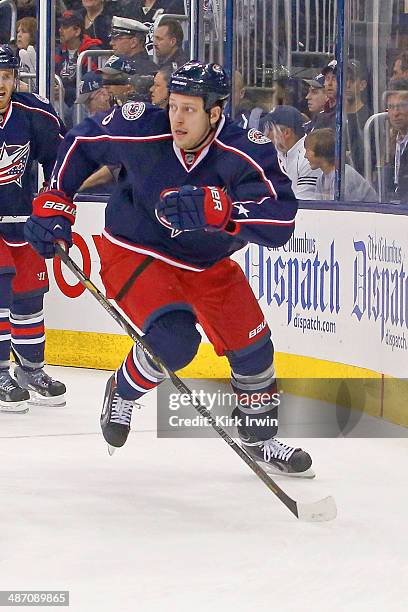 Nikita Nikitin of the Columbus Blue Jackets skates after the puck during Game Four of the First Round of the 2014 NHL Stanley Cup Playoffs against...