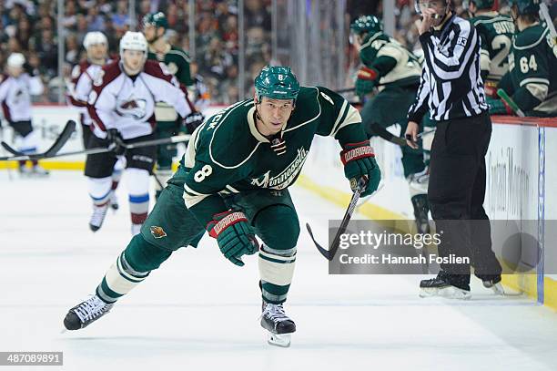 Cody McCormick of the Minnesota Wild skates after the puck against the Colorado Avalanche in Game Three of the First Round of the 2014 NHL Stanley...