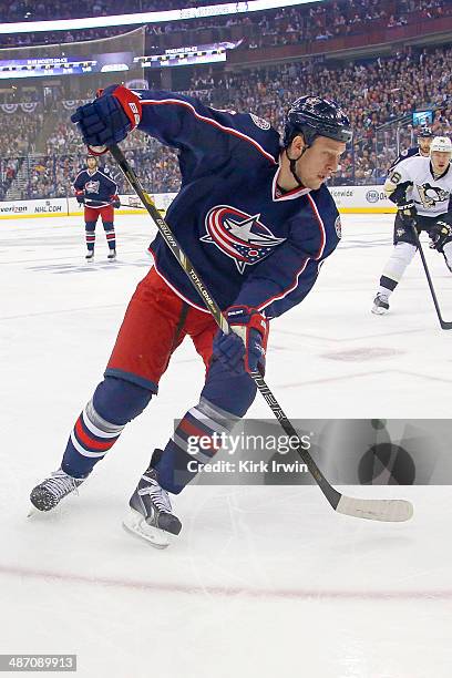 Nikita Nikitin of the Columbus Blue Jackets skates after the puck during Game Four of the First Round of the 2014 NHL Stanley Cup Playoffs against...