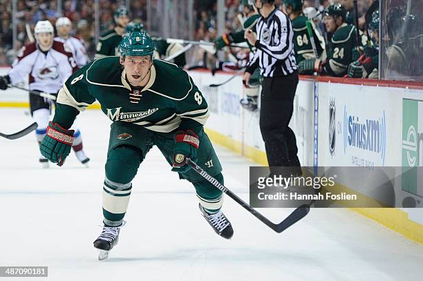 Cody McCormick of the Minnesota Wild skates after the puck against the Colorado Avalanche in Game Three of the First Round of the 2014 NHL Stanley...