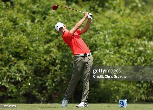 Seung-Yul Noh tees off on the 2nd during the Final Round of the Zurich Classic of New Orleans at TPC Louisiana on April 27, 2014 in Avondale,...