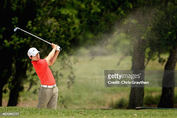 Seung-Yul Noh takes his second shot on the 2nd during the Final Round of the Zurich Classic of New Orleans at TPC Louisiana on April 27, 2014 in...