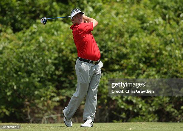 Andrew Svoboda tees off on the 2nd during the Final Round of the Zurich Classic of New Orleans at TPC Louisiana on April 27, 2014 in Avondale,...