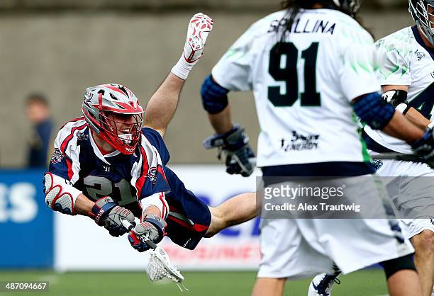 Will Mangan of the Boston Cannons takes a shot against the Chesapeake Bayhawks during a game at Harvard Stadium on April 27, 2014 in Boston,...