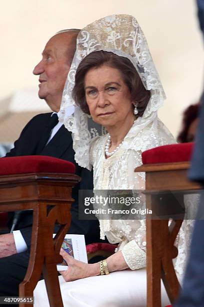 King Juan Carlos and Queen Sofia of Spain attend the Canonization Mass in which John Paul II and John XXIII are to be declared saints on April 27,...