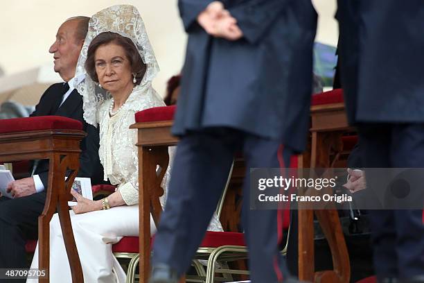 King Juan Carlos and Queen Sofia of Spain attend the Canonization Mass in which John Paul II and John XXIII are to be declared saints on April 27,...