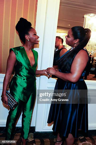 Teyonah Parris and Adrienne C. Moore attend the 8th Annual ESSENCE Black Women in Hollywood Luncheon on February 19, 2015 in Beverly Hills,...