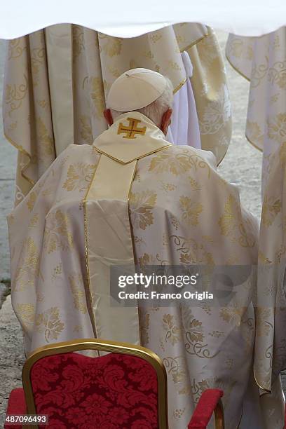 Pope Emeritus Benedict XVI arrives at the Canonization Mass in which John Paul II and John XXIII are to be declared saints on April 27, 2014 in...