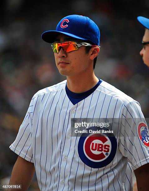 Tsuyoshi Wada of the Chicago Cubs walks to the bullpen before the game against the Arizona Diamondbacks on September 5, 2015 at Wrigley Field in...