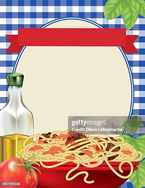 spaghetti dinner poster template on blue plaid tablecloth - noodles stock illustrations
