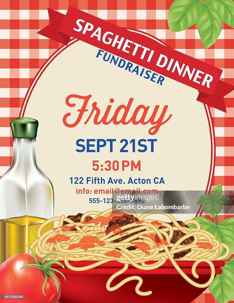 Spaghetti Dinner Vertical Invite Poster Template on Red Plaid Tablecloh