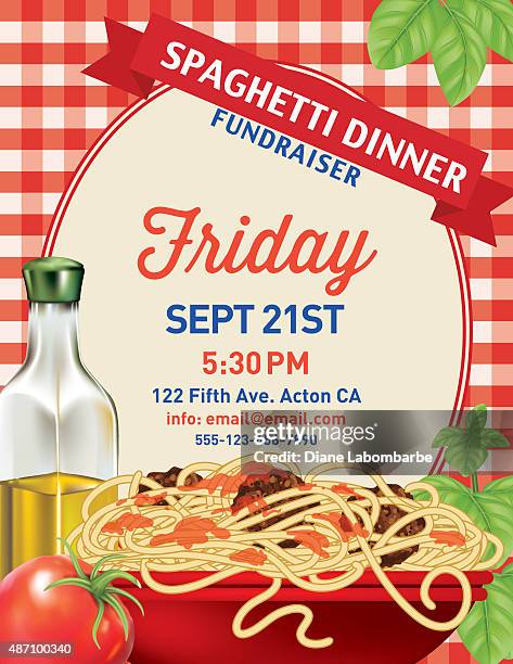 spaghetti dinner vertical invite poster template on red plaid tablecloh - spaghetti stock illustrations