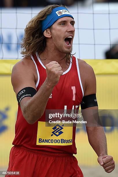 Aleksandrs Samoilovs at Latvia celebrates a point during the final match against Markus Bockermann and Lars Fluggen of Germany at the FIVB Beach...