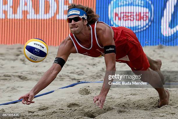 Aleksandrs Samoilovs at Latvia in action during the final match against Markus Bockermann and Lars Fluggen of Germany at the FIVB Beach Volleyball...