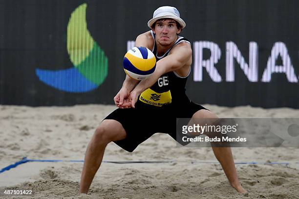 Lars Fluggen of Germany in action during final match against Janis Smedins and Aleksandrs Samoilovs at Latvia at the FIVB Beach Volleyball World Tour...