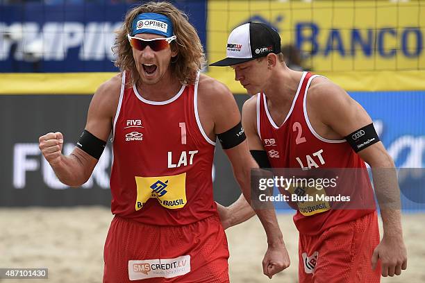 Aleksandrs Samoilovs at Latvia celebrates a point during the final match against Markus Bockermann and Lars Fluggen of Germany at the FIVB Beach...